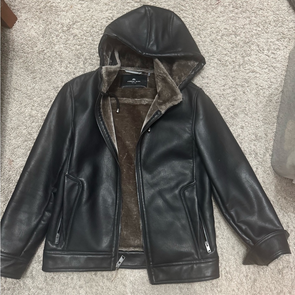 Andrew Marc Black Faux Leather Jacket with Hood